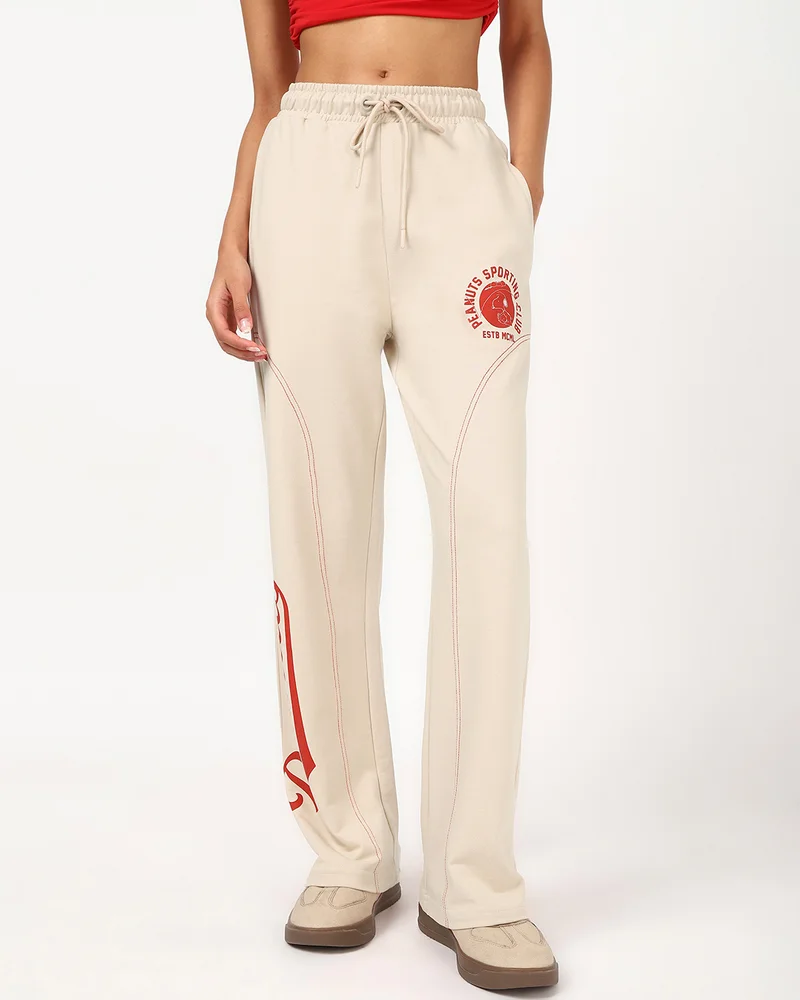 bewakoof Women's Beige Peanuts Typography Straight Fit Track Pants